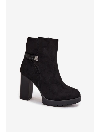 Ocieplane Botki Damskie Na Słupku Z Ozdobnym Paskiem Czarne Zayna