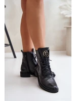 Zazoo 2955 Lakierowane Botki Workery Ze Złotym Detalem Na Języku Czarne