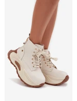 Skórzane Ocieplane Botki Damskie Na Platformie GOE SS2N4300 Jasnobeżowe