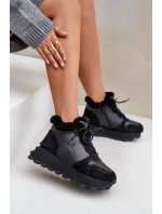 Skórzane Sneakersy Trapery Damskie Z Futerkiem Na Platformie Big Star OO274A329 Czarne