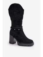 Kozaki Damskie Do Połowy Łydki Na Słupku Ocieplane Czarne Ivanelis