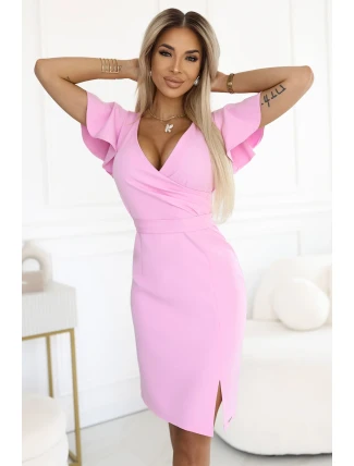 479-10 NINA elegantné šaty s obálkovým výstrihom, rukávmi a opaskom - Candy Pink