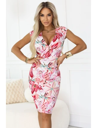 379-6 BOYKA Priliehavé midi šaty s obálkovým výstrihom - biele s ružovými kvetmi