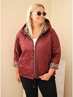 Dámska bunda vo veľkosti Plus Size s kapucňou a leopardovým lemovaním, bordó-červená