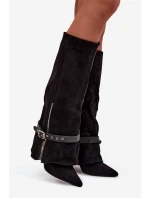 Kozaki Damskie Wsuwane Na Słupku Z Ozdobnym Paskiem Czarne Jolivine