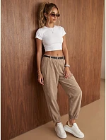 Dámske bavlnené manšestrové nohavice s opaskom, béžové, FashionStreet UY3169