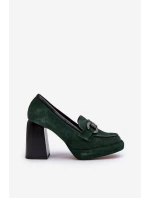 Skórzane Czółenka Na Masywnym Słupku Laura Messi 2706 Ciemnozielone