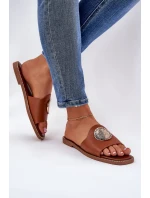 Eko Skórzane Klapki Na Płaskim Obcasie Z Ozdoba Camel Tatereia