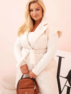 Dámske Plus veľkosť prešívaná vesta s opaskom a golierom svetlo béžová