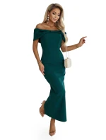 644-1 Zmyselné španielske midi šaty s mašľou vo výstrihu - fľaškovo zelené