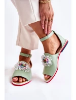 Damskie Skórzane Sandałki Z Ozdobą Zielone Nevassa