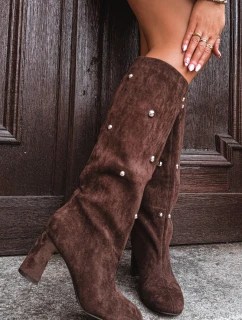 Kozaki Damskie Ocieplane Na Słupku Z Ozdobnymi Detalami Czekoladowe Lucinda