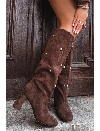 Kozaki Damskie Ocieplane Na Słupku Z Ozdobnymi Detalami Czekoladowe Lucinda