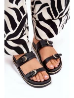 Klapki Damskie Gładkie Na Platformie Z Paskami I Klamrami Czarne Ziferte