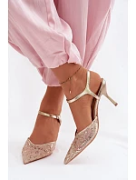 Pánské síťované dámské sandály na jehlovém podpatku se třpytivým zdobením Zlato Laria