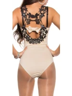 Dámske sexy body s háčkovanými ramienkami a kamienkami 9172 Béžová s čiernou - KouCla Dámske sexy body s háčkovanými ramienkami a kamienkami 9172 Béžová s čiernou - KouCla