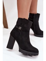 Ocieplane Botki Damskie Na Słupku Z Ozdobnym Paskiem Czarne Zayna