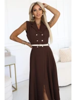 596-4 Elegantná midi košeľa so zlatými gombíkmi a opaskom - CHOCOLATE 596-4 Elegantná midi košeľa so zlatými gombíkmi a opaskom - CHOCOLATE