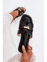 Płaskie Klapki Damskie Z Paseczkiem I Złotym Detalem Czarne Kerenza