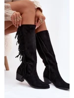 Dámské kozačky na podpatku s třásněmi zateplené černé Firlina