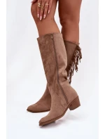 Dámské kozačky na podpatku s třásněmi zateplené khaki Firlina