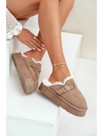 Kapcie Damskie Na Grubej Podeszwie Z Futerkiem I Klamrą Ciemnobeżowe Linneola