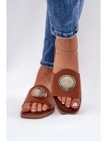 Eko Skórzane Klapki Na Płaskim Obcasie Z Ozdoba Camel Tatereia