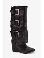 Dámské kozačky na platformě s ohnutým horním lemem a stříbrnými přezkami Černé Sarisse