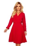 313-5 ISABELLE Plisované šaty s výstrihom a dlhými rukávmi - ČERVENÉ
