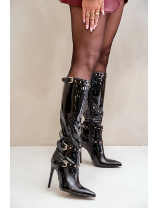 Lakierowane Kozaki Na Szpilce Z Klamrami Czarne Emiraethe