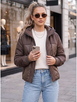 Dámska prešívaná prechodná bunda s kapucňou, hnedá, FashionStreet TY6092 Dámska prešívaná prechodná bunda s kapucňou, hnedá, FashionStreet TY6092