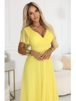562-8 NASTIA Dlhé šaty so srdiečkovým výstrihom, podšívkou a krátkymi rukávmi - citrónové limoncello