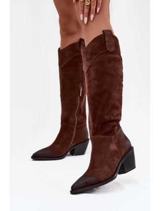 Kozaki Kowbojki Damskie Na Obcasie Z Naturalnego Zamszu Artiker 57C0230 Brązowe