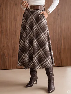 Spódnica rozkloszowana midi w kratę z paskiem brązowa FashionStreet CY0527