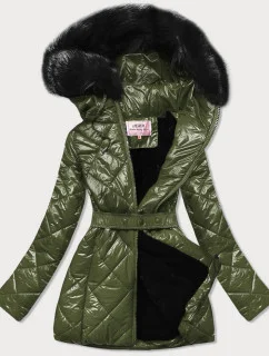 Lesklá zimná bunda v khaki farbe s mechovou kožušinovou podšívkou (w756)