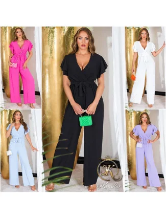 Dámsky overal so širokými nohavicami a opaskom na zaväzovanie 0000OV07814 White - Koucla Dámsky overal so širokými nohavicami a opaskom na zaväzovanie 0000OV07814 White - Koucla