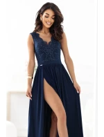 215-6 LEA dlhé elegantné maxi šaty s čipkovaným vrchom a rozparkom na nohách - tmavomodré