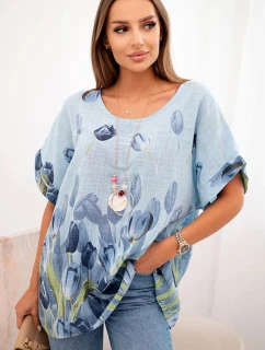 Dámske bavlnené tričko s kvetinovým vzorom modré