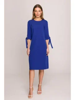 S393 Šaty áčkového strihu so zaväzovacími rukávmi - kráľovská modrá