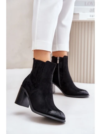 Ocieplane Botki Damskie Na Słupku Eko Zamszowe Czarne Gudra