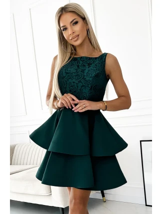 205-4 LAURA dvojité rozšírené šaty s čipkou - BOTTLE GREEN