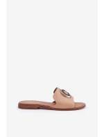 Skórzane Klapki Z Ozdobą Na Płaskim Obcasie Lewski 3047/O Beżowe