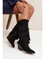 Ocieplane Kozaki Kowbojki Damskie Z Frędzlami Czarne Brivina