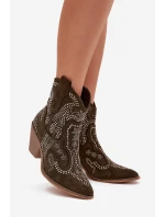 Ocieplane Damskie Botki Kowbojki Ze Zdobieniem Ciemnozielone Lelira