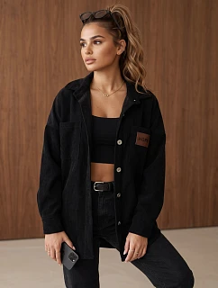Dámska oversize košeľová bunda z kordového materiálu, čierna, FashionStreet TY6056