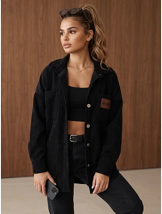 Dámska oversize košeľová bunda z kordového materiálu, čierna, FashionStreet TY6056