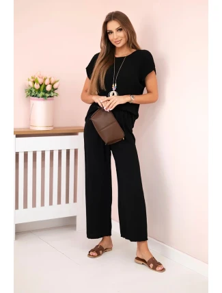 Viskózový set plisovaná blúzka + nohavice čierna