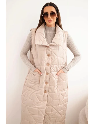 Dámska dlhá prešívaná vesta s vreckami a stojacím golierom tmavo béžová