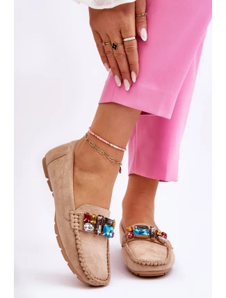 Damskie Zamszowe Mokasyny Z Kryształkami Beżowe Lucille