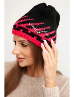 Dámska zimná vlnená čiapka s geometrickým vzorom a kamienkami K469 black + fuchsia
